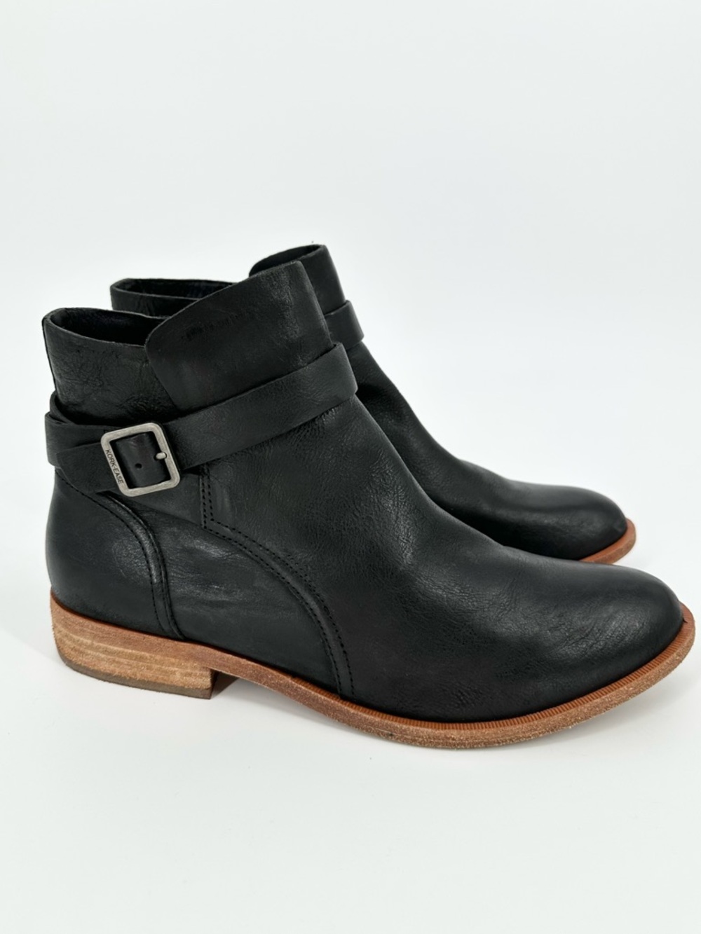 Kork-Ease Viki Buckle Strap Black Leather Ankle Bootie/Side Zip Women